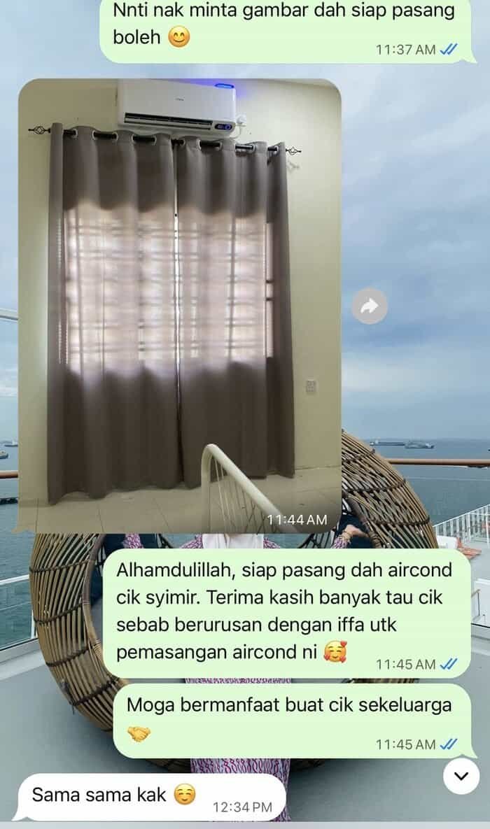 Testimoni pelanggan: aircond Coway siap dipasang Mesej WhatsApp pelanggan selepas aircond Coway siap dipasang di rumah