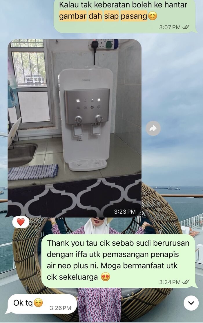 Testimoni pelanggan: Coway Neo Plus siap dipasang Mesej WhatsApp pelanggan selepas penapis air Coway Neo Plus siap dipasang