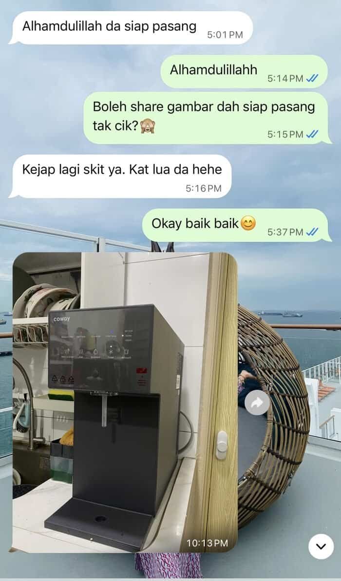 Testimoni pelanggan: penapis air Coway siap dipasang Mesej WhatsApp pelanggan selepas penapis air Coway siap dipasang di dapur