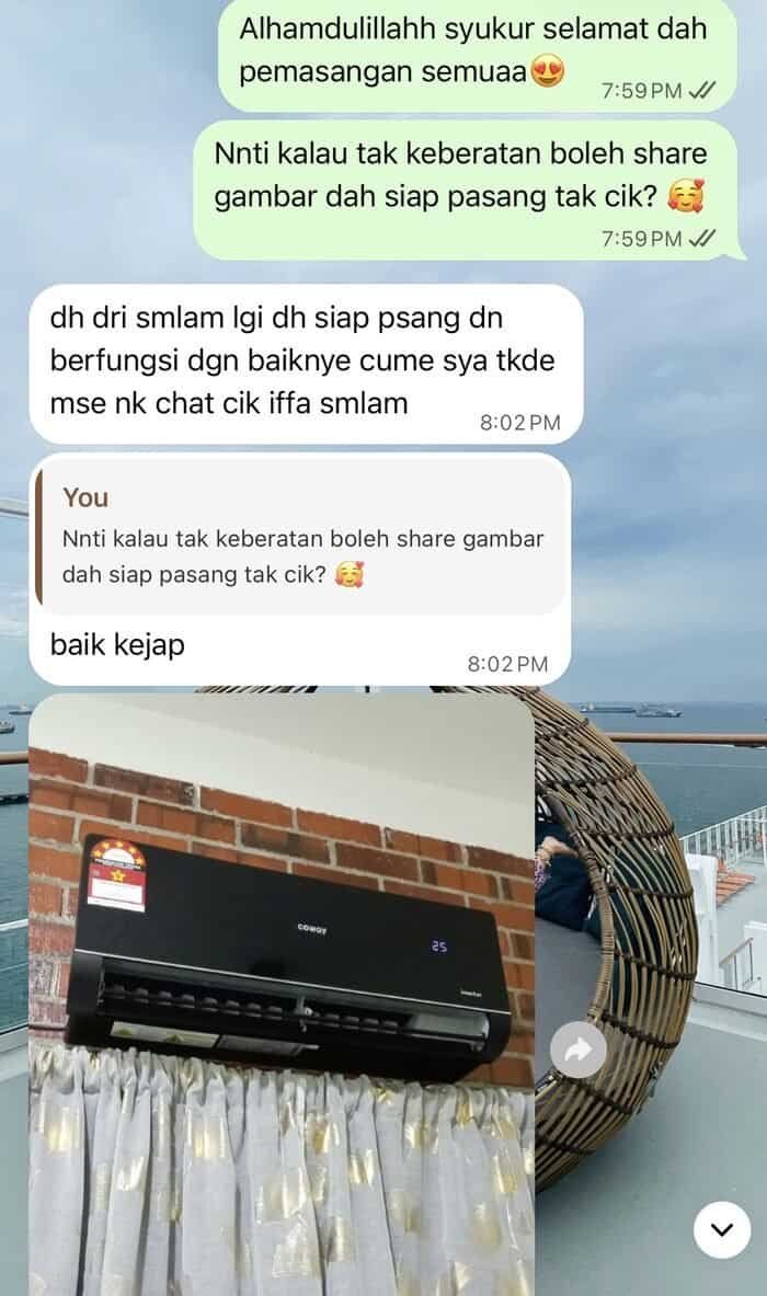 Testimoni pelanggan: penghawa dingin Coway siap dipasang Mesej WhatsApp pelanggan selepas penghawa dingin Coway siap dipasang dan berfungsi