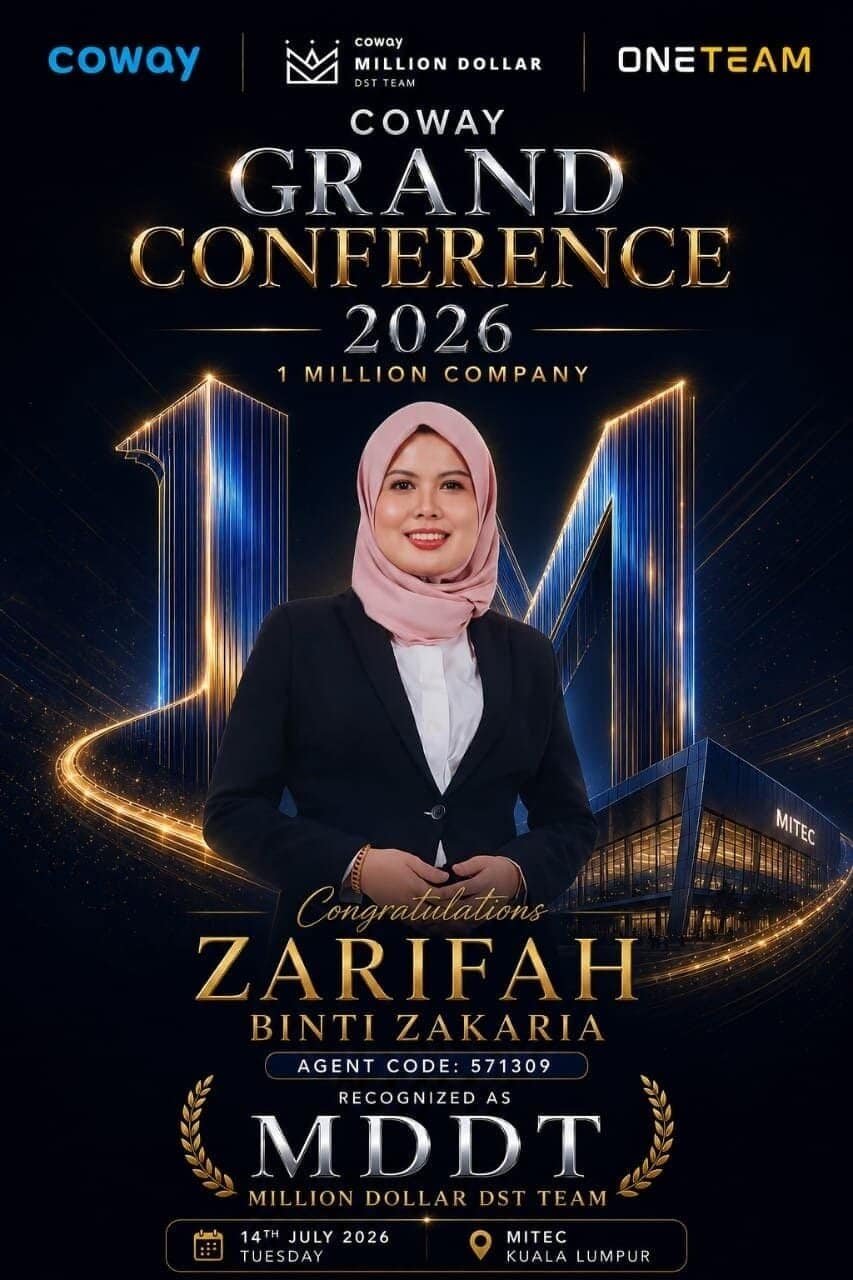 Zarifah Zakaria: Million Dollar DST Team 2026 Poster pengiktirafan Zarifah binti Zakaria sebagai Million Dollar DST Team di Coway Grand Conference 2026